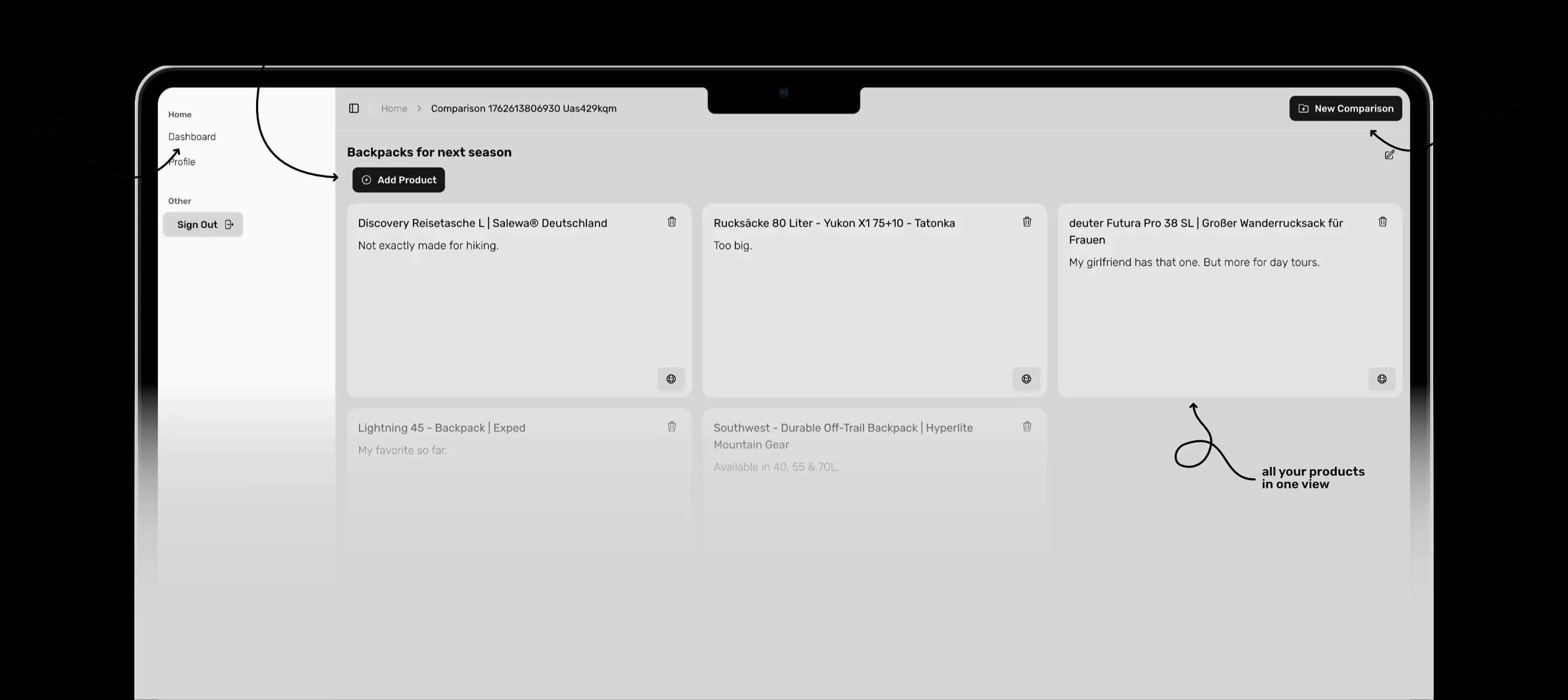 Hero Image for buysmarter.online. Screenshot of the interface with some arrows as explanations.
